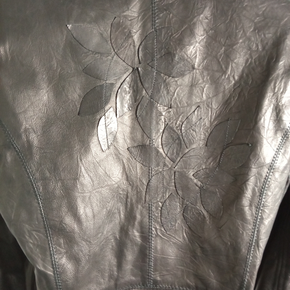People Like Frank Leather Moto Peplum Button Charcoal Black Leather Jacket Sz S - Picture 8 of 8